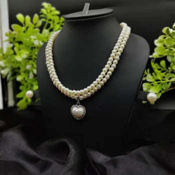 Imported Elegant Double-Strand Pearl Necklace with Heart Pendant