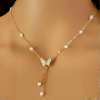 Women Girls Butterfly Necklace Pearl Tassels Jewelry
